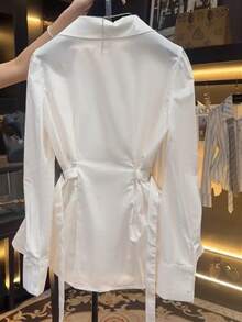 Women's Elegant Waist Design Long Sleeve Blouse, Solid Color Woven Fabric, Suitable For Office And Everyday Wear, Spring/Summer - White - View 2