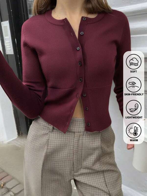 Women Basic Crew Neck Burgundy Red Knit Cardigan,Button Front Closure,Regular Fit, Classic Old Money Style
