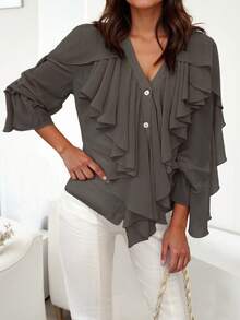 Women's New V-Neck Lantern Sleeve Ruffle Trim Button Loose Chiffon Blouse, Fashionable Sexy Casual Semi-Sheer Bohemian Style Beach Top, Spring/Summer/Autumn - Grey - View 2