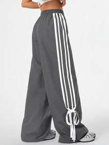 Women's Side Striped Bow Track And Field Street Pants With Drawstring Waist And Wide Leg Pants - 深灰色 - 查看 2