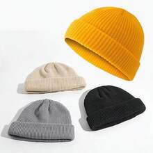 1PC Men Mini Short Fisherman Beanie Hat Winter Warm Knitted Ribbed Docker Skull Cap - Navy Blue - View 6