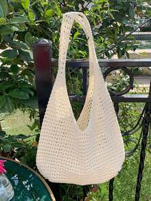Yogodlns Women's Aesthetic Crochet Beach Shopper Tote Knitted Net Underarm Bag For Summer Versatile Shoulder Bag Women's Shoulder Bags Casual Woven Ladies Handmade Totes Large Capacity Summer Beach Female's Messenger Bag , Beach Bag , Crochet - Beige - View 11