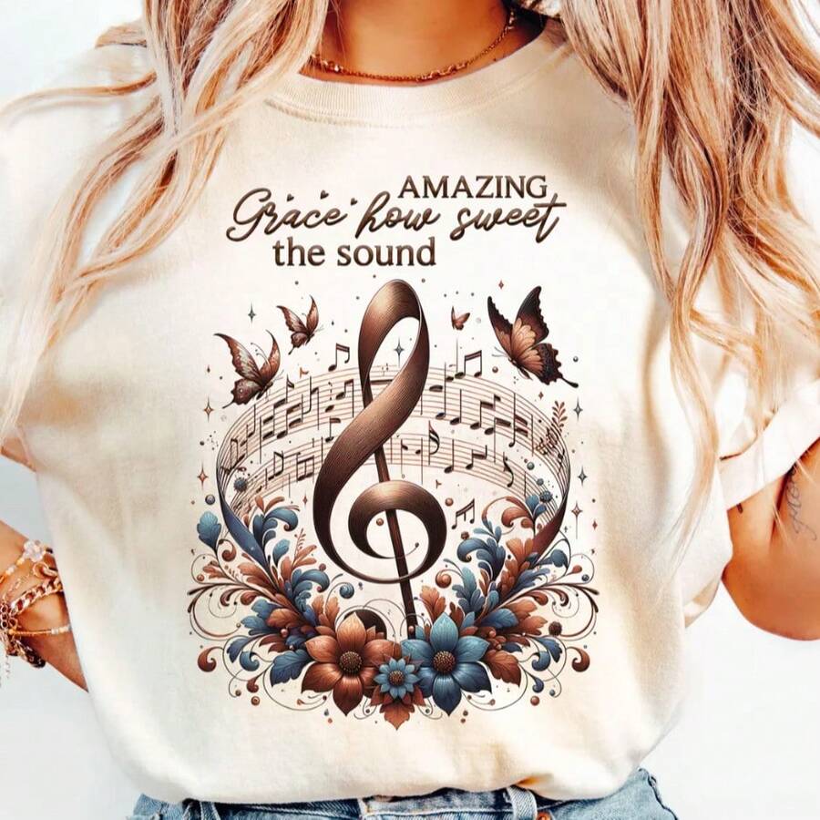 Amazing Grace How Sweet The Sound | Faith, Floral, Christian, Music, Song,100% Cotton Womens Oversized Printed Graphic T-Shirts Casual Round Neck Short Sleeve Tee 1pcs Fashion Shirt - 白色008 - 查看 1
