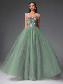 VIPGIRL New Green Strapless Sequin Contrast Mesh Elegant High-End Design Women's Formal Evening Gown - Green - View 5