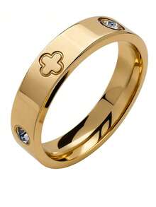 1 chiếc nhẫn Cubic Zirconia màu vàng thép không gỉ tối giản, giữ màu tốt, ít gây dị ứng, quà tặng trang sức, thích hợp để xếp chồng và đeo hàng ngày - Cỏ bốn lá - Xem 20