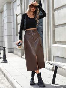 时尚音乐节休闲别致性感优雅女士A字PU中长裙，春夏 - 咖啡棕 - 查看 4