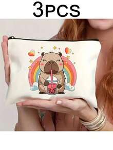 只是一个喜欢水豚的女孩的卡通设计化妆包，化妆工具收纳袋，轻便的便携式化妆包，帆布旅行收纳袋，双面印刷，带衬里，送给朋友、老师、家人的礼物，圣诞礼物 - 彩色 - 查看 7