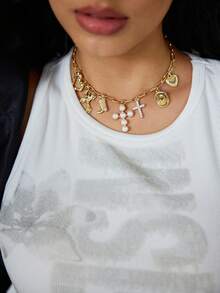 DareSee 1pc Elegant Metal Alloy Multi-Pendant Necklace With Classic Faux Pearl Cross, Western Cowboy Boot, Cowboy Hat, Heart Charm Combination, Fashionable Jewelry For Women Daily Wear, Beach, Party, Festival, Adjustable Chain Length Winter Gifts - Imitation Pearl Cross - View 1