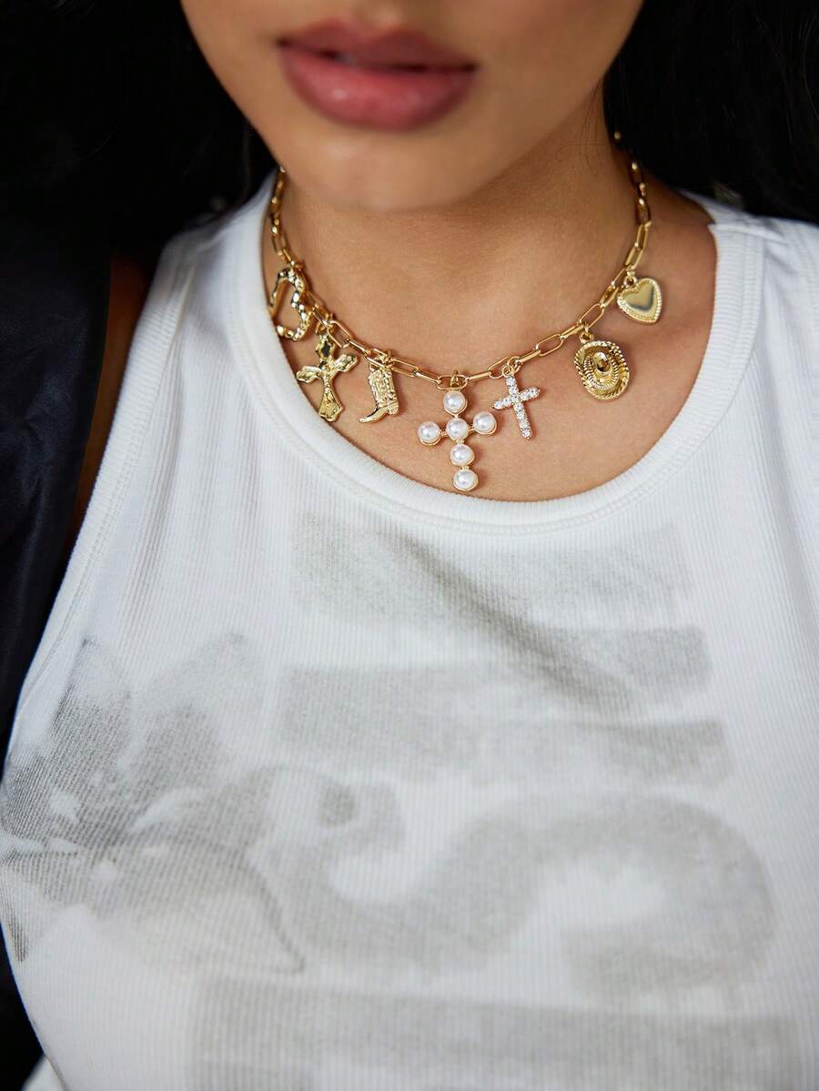 DareSee 1pc Elegant Metal Alloy Multi-Pendant Necklace With Classic Faux Pearl Cross, Western Cowboy Boot, Cowboy Hat, Heart Charm Combination, Fashionable Jewelry For Women Daily Wear, Beach, Party, Festival, Adjustable Chain Length Winter Gifts - Imitation Pearl Cross - View 1