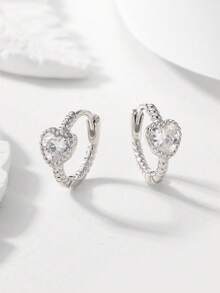 1 对 925 银方晶锆石心形环状耳环，简约优雅的设计，适合度假、约会、日常佩戴、节日及女士礼物 - 白色 - 查看 4