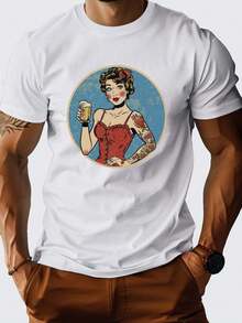 1 camiseta gráfica con estampado digital para mujer Cerveza, tatuajes, corsé, retro. Camiseta casual de cuello redondo y manga corta. Camiseta de algodón ligera para las cuatro estaciones, lavable a máquina, no lavar en seco. - Blanco - Ver 1