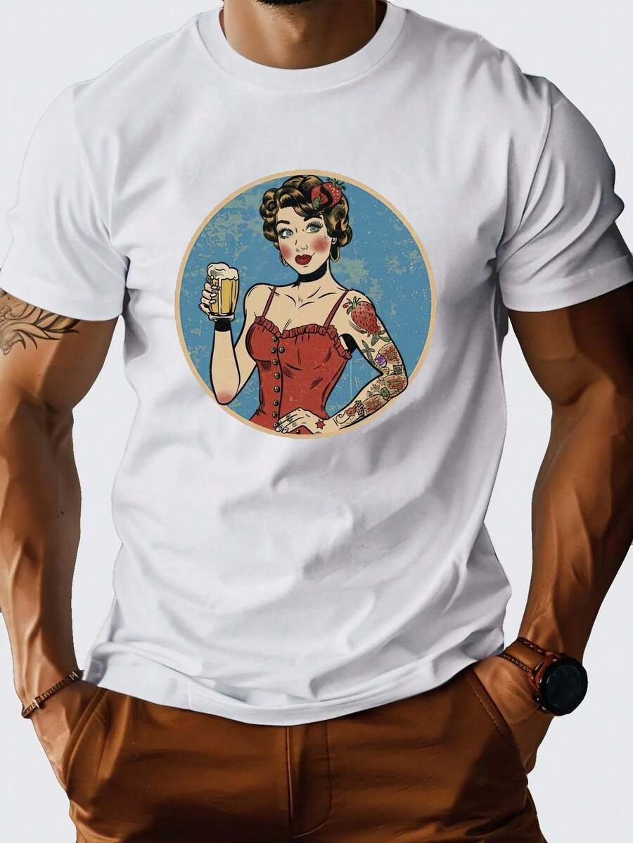1 camiseta gráfica con estampado digital para mujer Cerveza, tatuajes, corsé, retro. Camiseta casual de cuello redondo y manga corta. Camiseta de algodón ligera para las cuatro estaciones, lavable a máquina, no lavar en seco. - Blanco - Ver 1