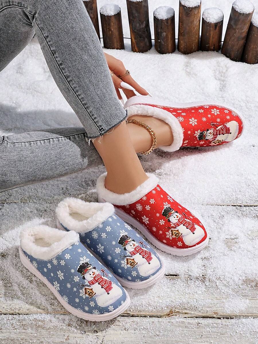 Pantuflas de mujer con diseño festivo de peluche - Pantuflas suaves y cálidas para damas con cierre deslizante - Zapatos cálidos de interior casuales para otoño/invierno - Rojo - Ver 1