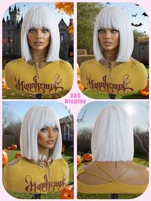 Halloween 10 Inch Bob Wigs For Women Short Straight White Wigs With Bangs Heat Resistant Synthetic Wigs For Party Costume Daily Wear Music Festival Wigs Sexy Wigs For Sexy Women Vacation Travel Family Party Everyday Wear Halloween Gifts - trắng - Xem 7