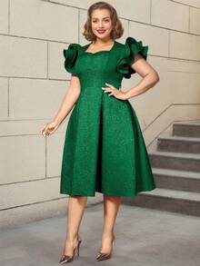 AOMEI Plus Size Summer Green Jacquard A Line Party Dresses Ruffles Sleeves Date Out Event Women Birthday Gowns - Green - View 3