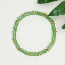 Chinese Bamboo Knot Design Bracelet With Green Artificial Crystal Beads And Gold Partition - Symbolizing Harvest, Prosperity And Good Luck, Women's Daily Wear Or Holiday Gift Bamboo Bracelet, Bamboo Knot Pattern, Exquisite Beading Craftsmanship, Festive Jewelry, Fashion Accessories, Handmade Look