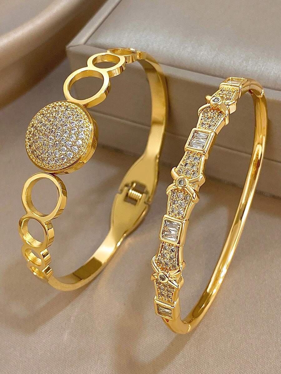 18K 镀金不锈钢奢华优雅几何锆石手镯套装，适合女士，钻石切割珠宝妈妈礼物圣诞节感恩节万圣节婚礼珠宝周年纪念情人节波西米亚珠宝日常派对 - 彩色 - 查看 1