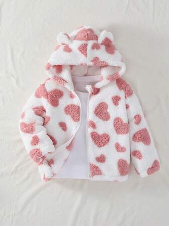 女童秋冬毛绒心形连帽保暖卡通羊毛夹棉夹克