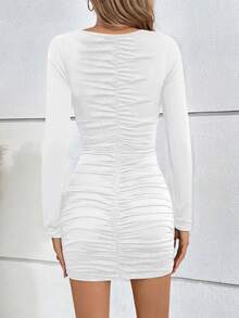 Elegant Ruched Waist Deep V-Neck Long Sleeve Mini Dress, New Spring/Summer Collection - White - View 3