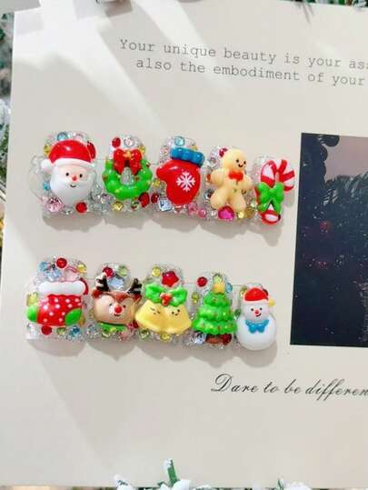 10 piezas de uñas cortas tipo pico de pato para Navidad, uñas acrílicas estampadas con diseños de Papá Noel, caña de azúcar, calcetín navideño, guirnalda de Papá Noel, hombre de jengibre, reno, muñeco de nieve, gorro de Papá Noel, campana, árbol de Navidad, reutilizables, uñas lindas adecuadas para fiestas navideñas, regalos de joyería para mujeres y niñas