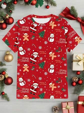 Christmas Youth Pattern Short Sleeve T-Shirt - Red Polyester Blend, Santa Claus, Snowman And Gingerbread Design, Crew Neck, Machine Washable, Fun Christmas Shirt