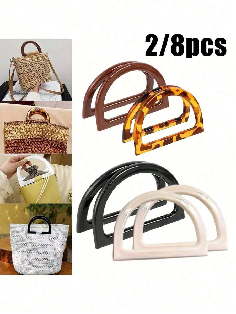 8/2pcs Bag Handle Replacement Parts, D-Shape Wallet Handle Replacement Parts, 4-Color Decorative Bag Handle For DIY Handbag, Wallet Making, Suitable For Beach Bag, Crochet Straw Bag