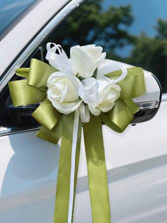 Konstgjorda rosblommor bröllopsdekor (med sugkopp) bil backspegelband blomdekor för fest bröllop hus gång stol dekor stor rosett