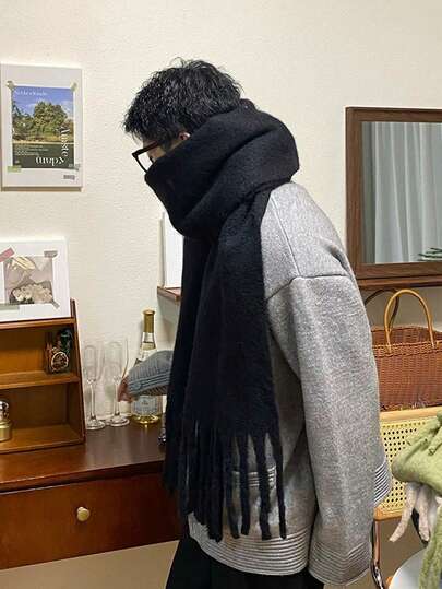 1 Solid Color Tassel Warm Thick Scarf, Multifunctional Neck Warmer For Winter