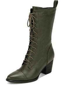 Women's Mid Calf Lace Up Combat Boots With Side Zipper Winter Boots Faux - màu xanh lá - Xem 1