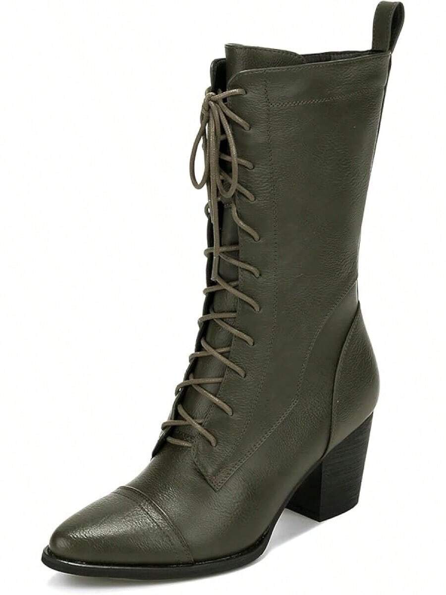 Women's Mid Calf Lace Up Combat Boots With Side Zipper Winter Boots Faux - màu xanh lá - Xem 1