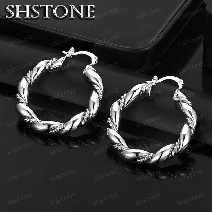 热销新款高品质 925 纯银镀层环形耳环，适合女士时尚派对婚礼首饰，优雅圣诞礼物 - 銀色 - 查看 1