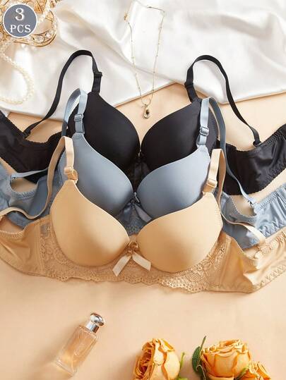 3PCS Women's Smooth Lace-Embroidered Seamless Underwear, Adjustable, Full-Coverage, Molded Cup With Steel Support Bra