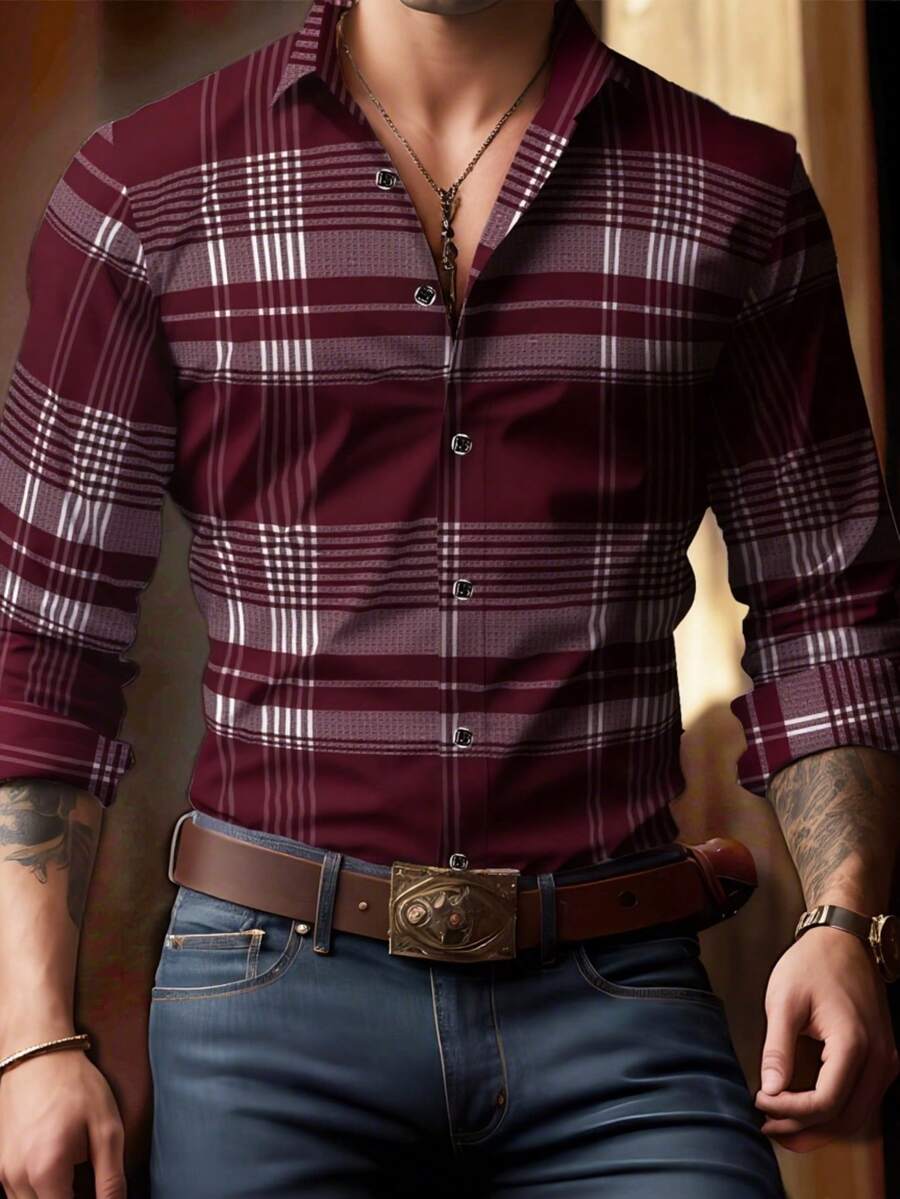 男士经典优雅格子长袖衬衫，展现英伦风情，商务精英格纹系列，长袖单排扣翻领衬衫，适合所有季节，舒适百搭，全天穿着