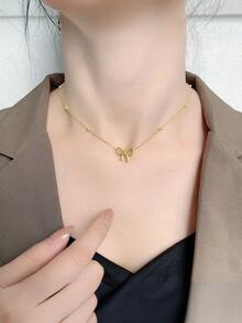 1pc Fashionable Titanium Steel Bow Tie Necklace For Girl, Minimalist Design, Versatile, Delicate Luxury Collarbone Chain