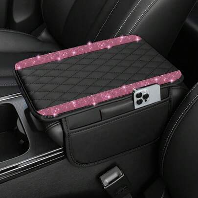1pc Universal Sparkling Diamond Car Armrest Cover - Leather Center Console Protector With 2 Storage Pockets, Fits Most Vehicles