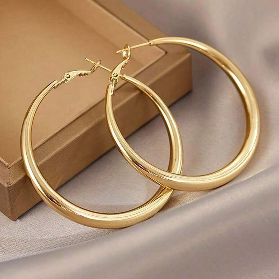 Elegant 18K Gold Plated Hoop Earrings - Smooth And Shiny, Durable Copper, For Everyday And Special Occasions, Simple And Chic Women's Fashion Accessories, Novelty Earrings - 金色 - 查看 1