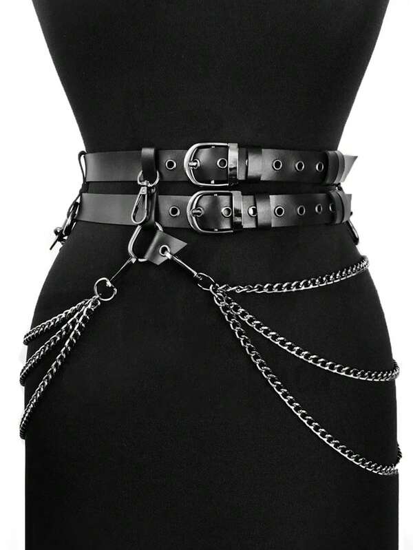 Leathet Chain Belt For Women Leather Waist Chain Harness Belt Y2K Waist Chain Belt Rave Costume Belt Women's Belts & Trouser Belts