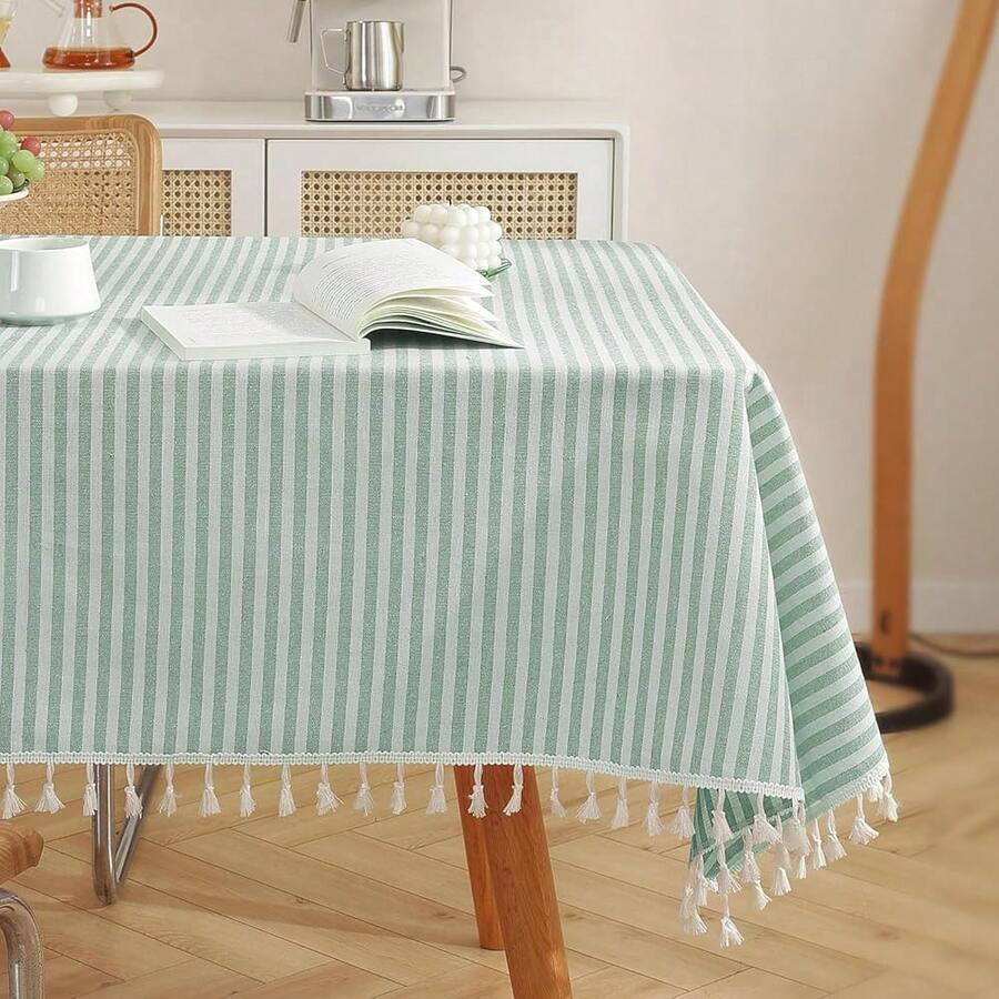 Meioro Striped Tablecloth Rectangle Tablecloths Cotton Blend Table Cloth Washable Tabletop Decorative Fabric Table Cover For Kitchen Dinning (Green, 47 X 63 Inch) - 綠色63x47長方形 - 查看 1