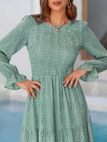 Women Leopard Long Sleeve Maxi Dress Flounces High Waist Smocked Tiered Dress Fall Spring Wedding Guest Vacation Holiday Boho Valentine Dresses Outfits - 綠色 - 查看 6