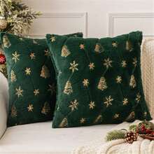 Merry Christmas  Christmas Tree Glitter Snowflake Pillow Covers Set Of 2 –20x20 Soft Faux Fuzzy Embroidered Pillow Cases Farmhouse Festive Christmas Holiday Dr Throw Cushions For Home Winter Dration - Green - View 6