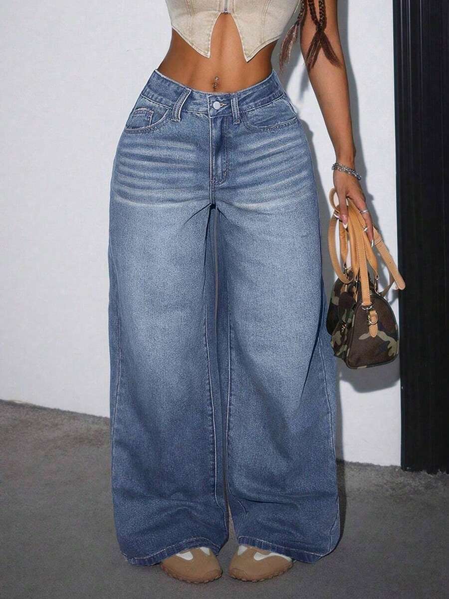 女士休闲宽松阔腿牛仔裤，带口袋，适合日常穿着 - 淺色水洗藍 - 查看 1