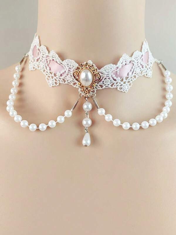 1 pieza Accesorio de collar de tela de color contrastante para mujer, collar de encaje blanco con perlas y borla de cinta rosa, collar de perlas, adecuado para primavera, verano, otoño, invierno