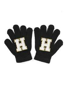 1 双儿童针织手套，带 26 个英文字母，男女通用保暖滑雪手套，Y2K 风格户外冬季手套，适合日常穿着和服装 - 黑色 - 查看 18