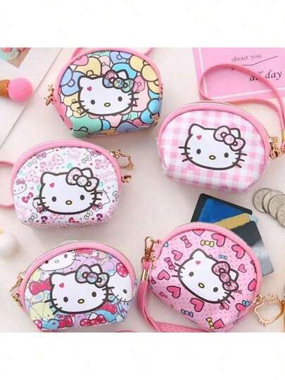 Sanrio 1 قطعة محفظة عملات من جلد البولي يوريثان مزينة بشخصيات الكرتون كاواييي مثل هيلو كيتي وكورومي وسينامورول وماي ميلودي، محفظة على شكل قطة، حقيبة تخزين البطاقات (بعض الأجزاء قد تكون عشوائية)