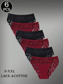 6pcs Elegant Solid Color Cotton Panty Comfy Style Lace Trim Briefs For Women