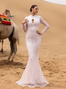 Faeriesty Robe de soirée de luxe sirène pailletée avec perles et encolure montante, découpe au niveau du décolleté - Élégance de luxe pour les galas, mariages, bals de promo et réceptions Top de gamme pour femmes - Rose pâle - Voir 5