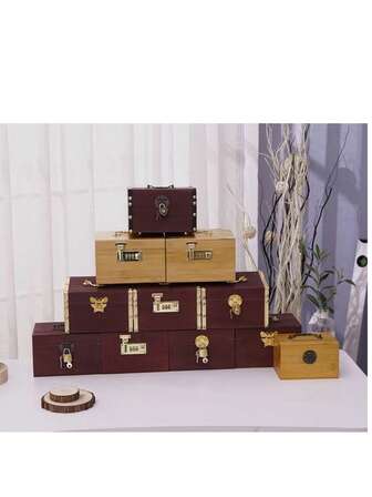 复古木质密码锁存钱罐，成人及儿童储蓄盒多功能储物容器