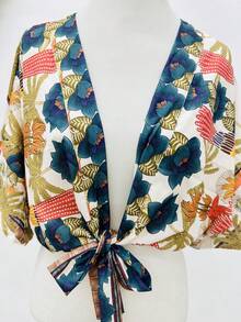 KISTYLE Crepe Blouse With Batwing Sleeves And Tie - Dark Green - View 3