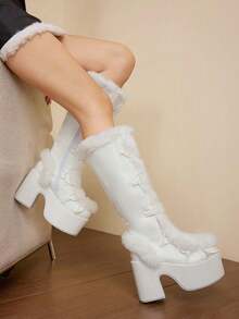 Women Girlr  Furry Footwear Boots Shoe Y2k Solid Color Platform Thick Heel    The Knee Boots Punk Knight Boots Outdoor Party Fur Splicing Integrated Slim Boots Knee Boots Pink Boots, White Boots, Brown Boots - 白色 - 查看 8