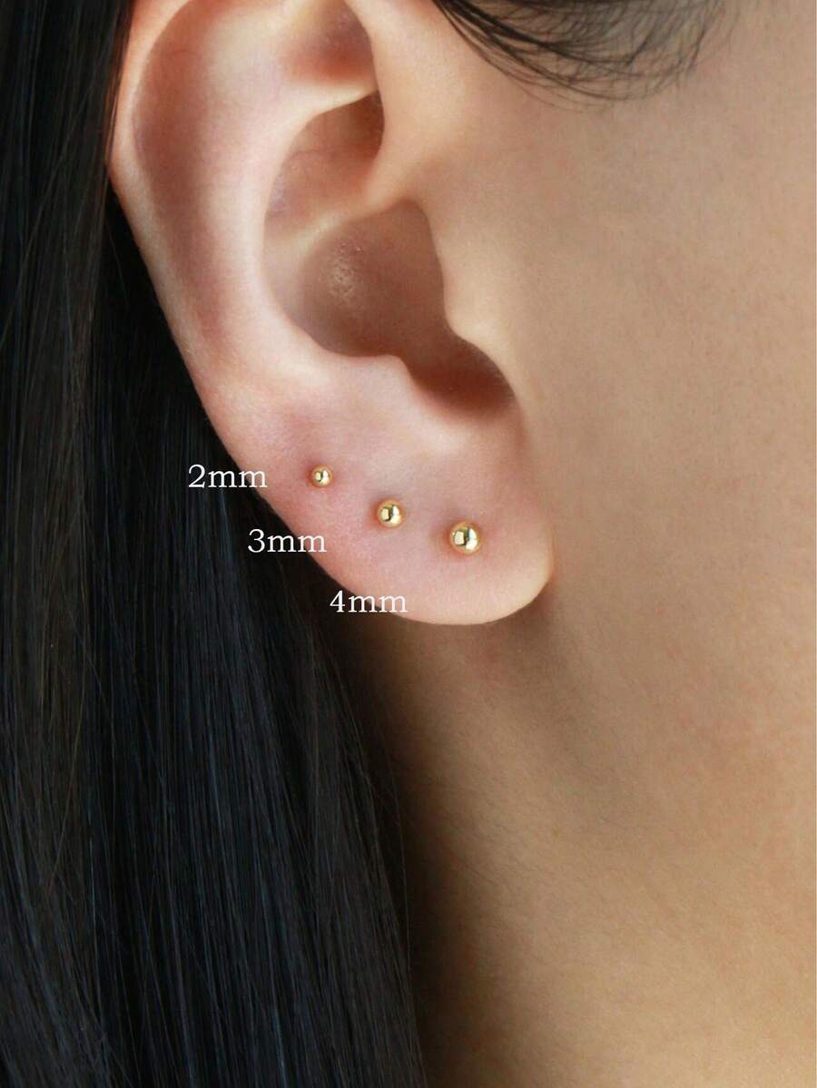 3 对不锈钢可爱迷你球形耳钉蝴蝶背耳环套装，适合女士，18K 镀金防过敏软骨穿孔首饰，适合男女 - Gold-1# - 查看 1